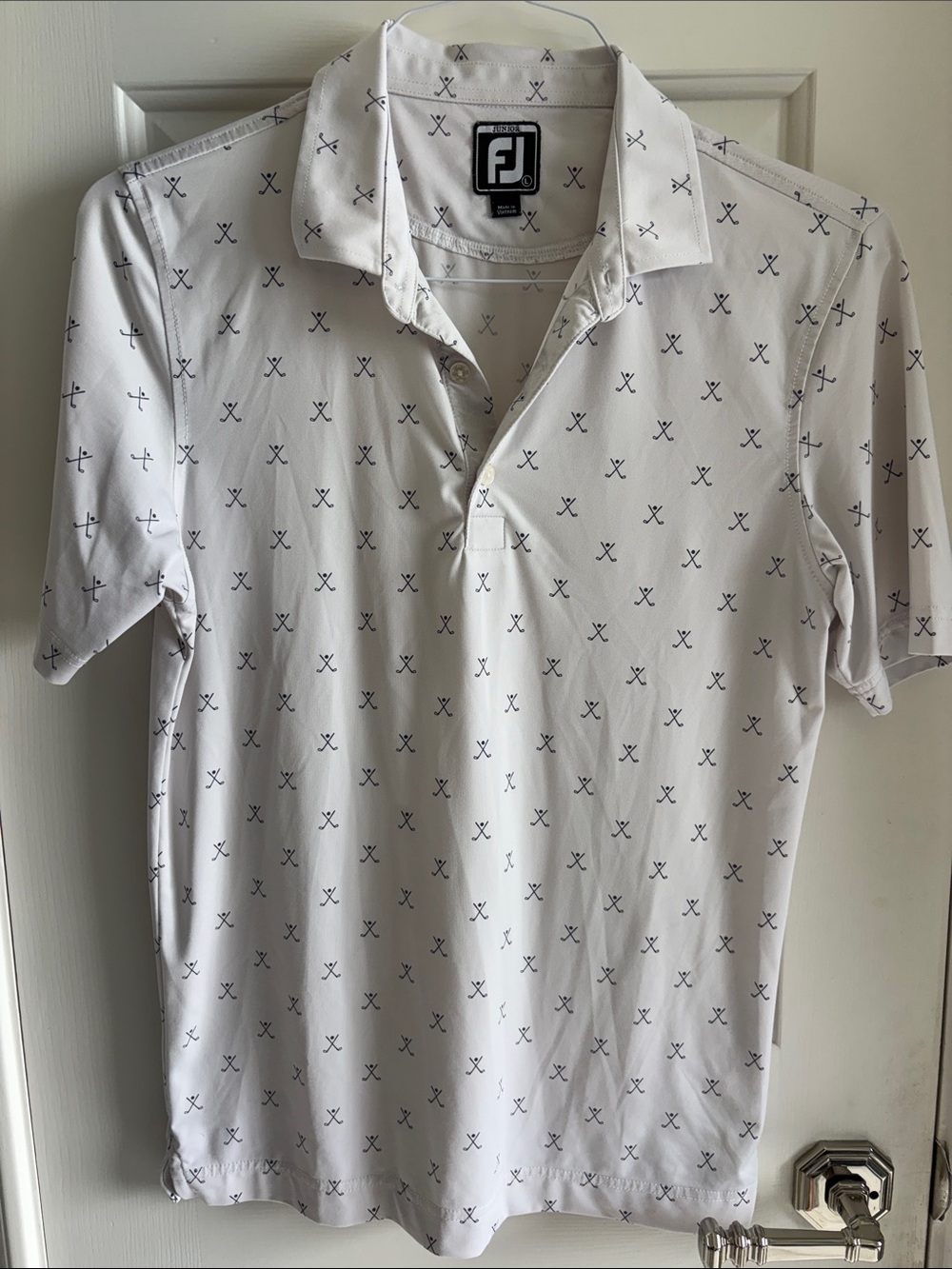 FootJoy White Polo with Small Navy Golf Crossed Clubs Print
